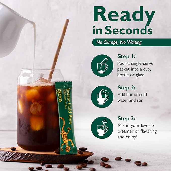 Gecko Coffee Instant Cold Brew, Craft Instant Coffee Sticks, 100% Arabica Medium-Dark Roast, Coffee