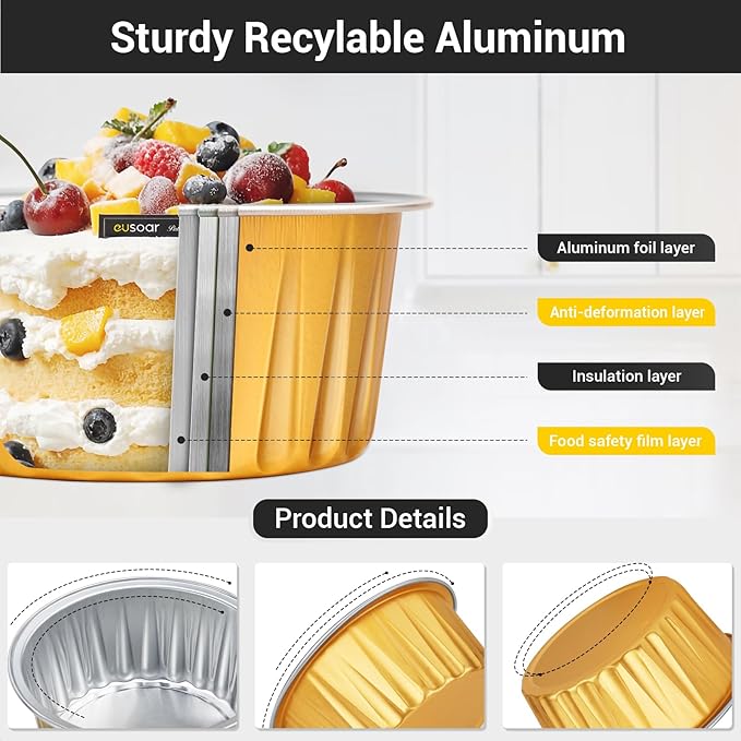EUSOAR Disposable Ramekins Aluminum Foil, Gold 25Packs 5oz Baking Cups with Lids Mini Muffin