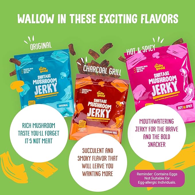 The Daily Good Mushroom Jerky - 3-Pack Snacks, Yummy High-Fiber Mushroom Snack, Meatless &