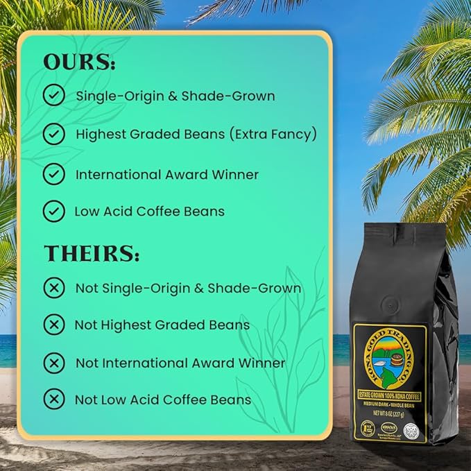 8oz 100% Kona Coffee Whole Beans by Kona Gold Rum Co. - Extra Fancy Freshly Roasted Medium/Dark