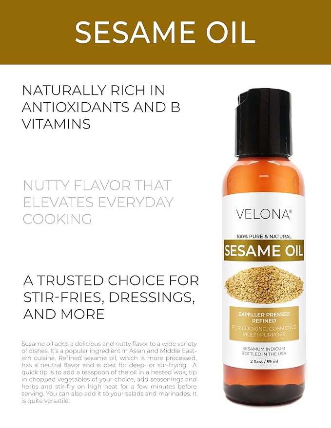 Sesame Seed Oil by Velona - 2 fl oz | 100% Pure and Natural Carrier Oil | Refined, Expeller Pressed