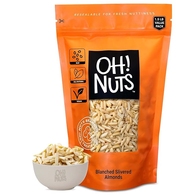 Oh! Nuts Almonds Blanched Slivered - Raw - 100% Natural - 1.5 lb - White Almond Sticks - Packed in