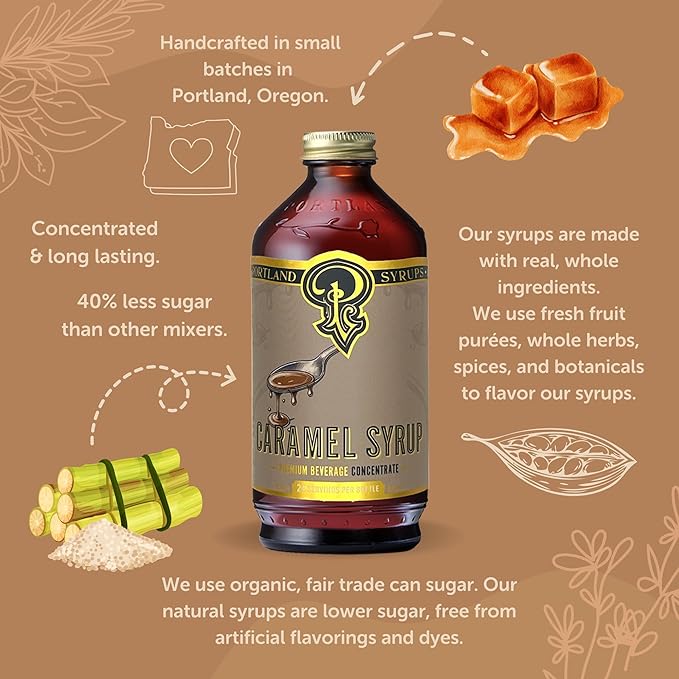Portland Syrups Caramel Syrup – Flavoring for Coffee, Lattes, Cold Brew, Macchiatos, Cocktails, &