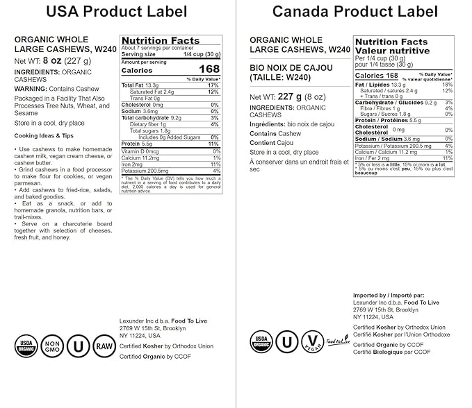 Food to Live Organic Cashews, 8 Ounces ??Whole, Size W-240, Unsalted, Non-GMO, Kosher, Raw, Vegan
