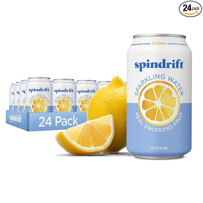 Spindrift Sparkling Water, Lemon Flavored, Made with Real Squeezed Fruit, 12 Fl Oz Cans, Pack of 24