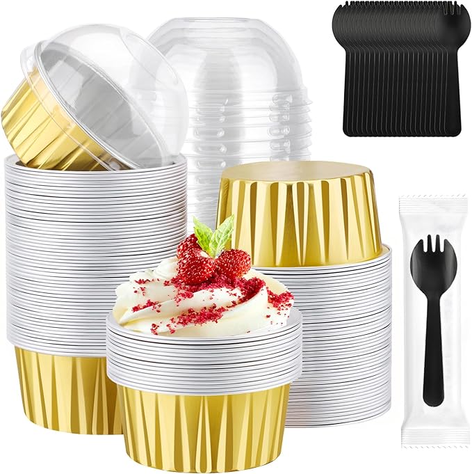 EUSOAR Gold Cupcake Liners with Individually Wrapped Sporks, 120pcs 5oz Disposable Foil Creme