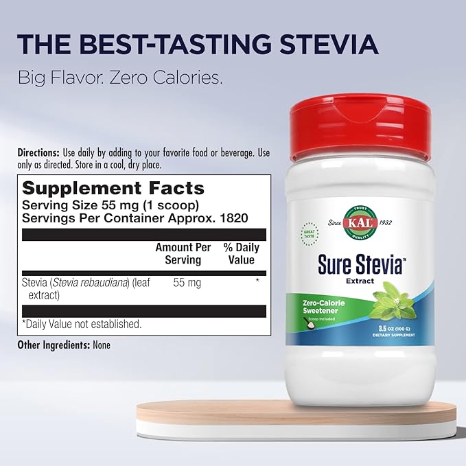KAL Sure Stevia Extract Powder, Low Carb, Plant Based Stevia Sweetener, Great Taste, Zero Calories