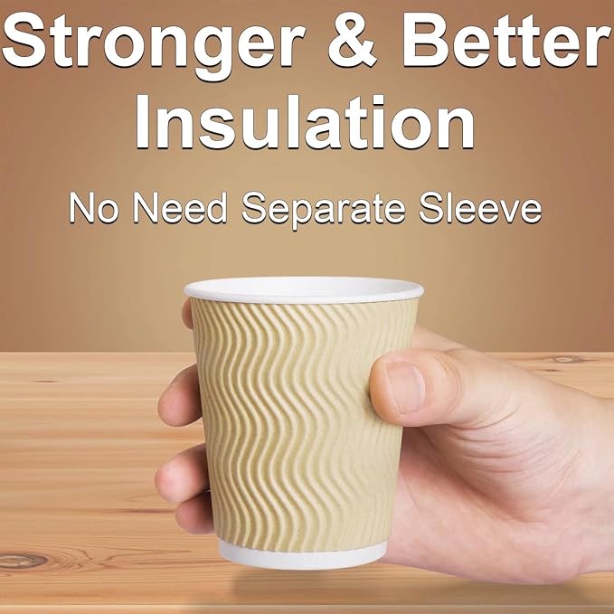 Hot 8 oz Disposable Insulated Corrugated Sleeve Ripple Wall Paper Coffee Cups for Drink, 100,8oz