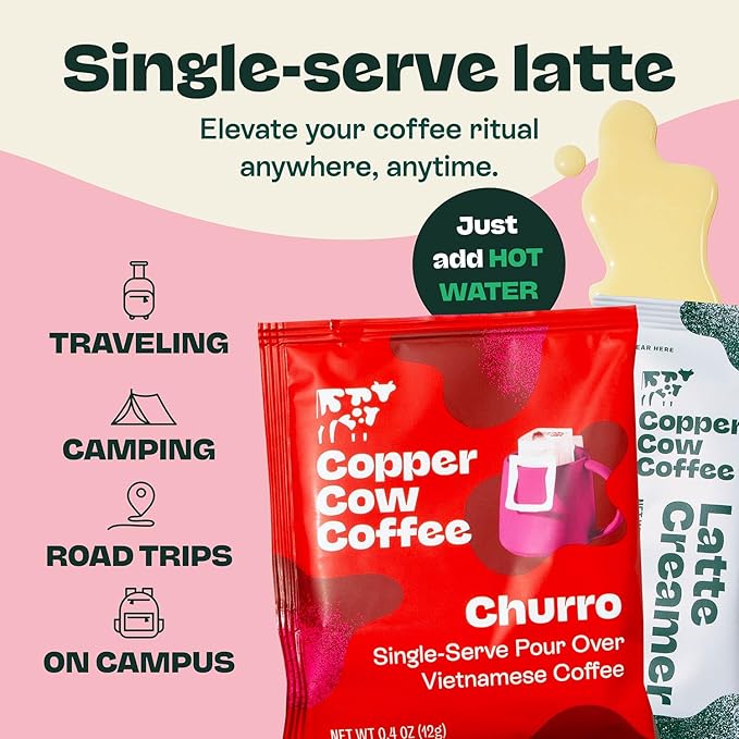 Copper Cow Coffee Pour Over Vietnamese Ground Coffee Pouches + Sweetened Condensed Milk Creamers (8