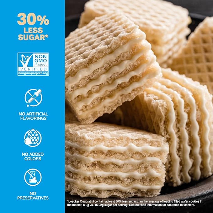Loacker Quadratini Vanilla Wafer Cookies LARGE - 30% Less Sugar - Premium Crispy Bite Size Wafers