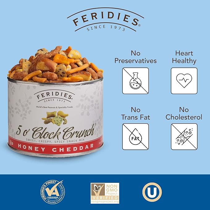 FERIDIES Five O'clock Crunch Honey Cheddar Snack Mix with Premium Virginia Peanuts, 14 Ounce (Pack