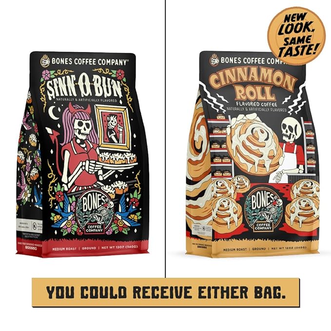 Bones Coffee Company Cinnamon Roll Flavored Coffee, Medium Roast Low Acid Arabica Beans Compatible