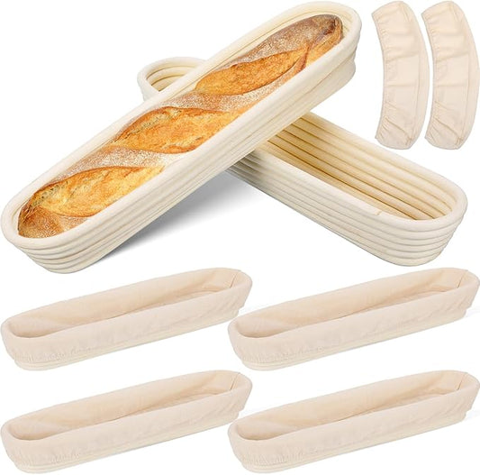 Vesici 15 Inches Baguette Banneton Proofing Basket 6 Pack with Linen Liner Baguette Banneton Bread