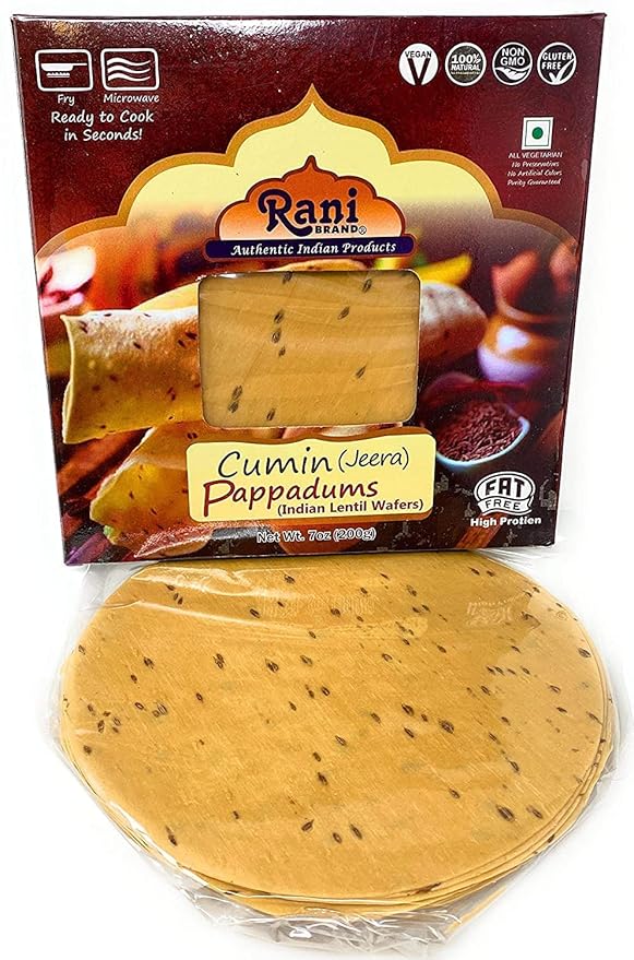 Rani Pappadums (Indian Lentil Wafer Snack) Jeera (Cumin) Papad 7oz (200g) Approximately 15pc, 7