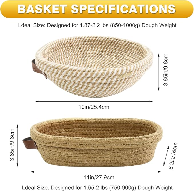 Banneton Bread Proofing Basket Set of 2, 10 Inch Round 11Inch Oval Cotton Rope Sourdough Bread