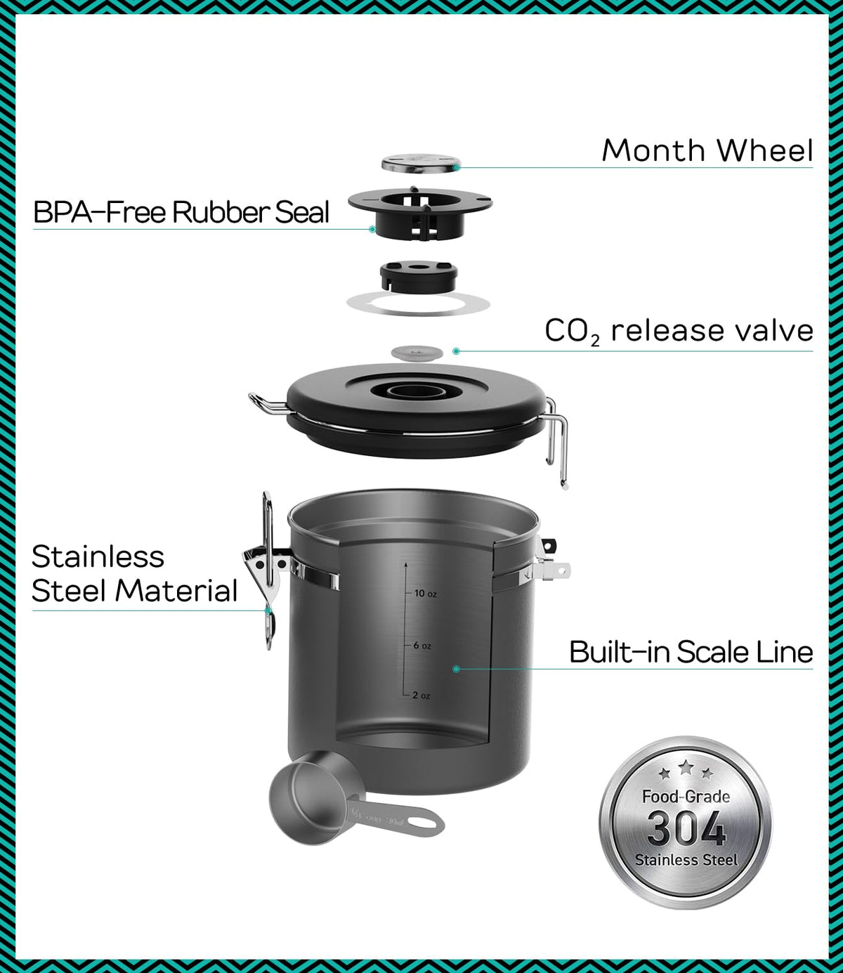 Coffee Gator Coffee Canister, 11oz Airtight Stainless Steel Kitchen Food Storage Container with
