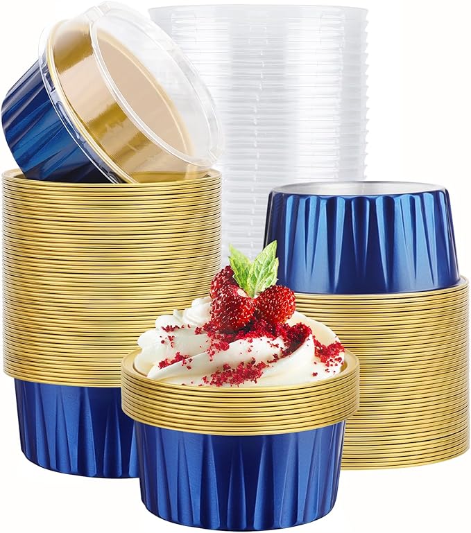 EUSOAR Aluminum Foil Baking Cups with Lids, Royal Blue 100pcs 5oz Creme Brulee Ramekins Disposable