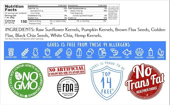GERBS Raw Super 7 Seed Snack Trail Mix 2 LBS. | Top 14 Food Allergy Free | Resealable Bulk Bag |