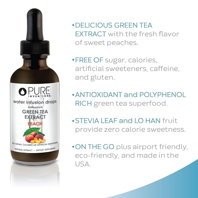 Pure Inventions - Green Tea Peach Water Infusion Drops - Antioxidants & Electrolytes - Health &