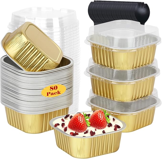 5oz/80pack Foil Mini Cake Baking Pans with Lids,LNYZQUS Small Disposable Ramekins Cupcake Tins