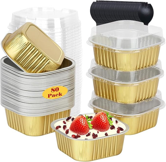 5oz/80pack Foil Mini Cake Baking Pans with Lids,LNYZQUS Small Disposable Ramekins Cupcake Tins