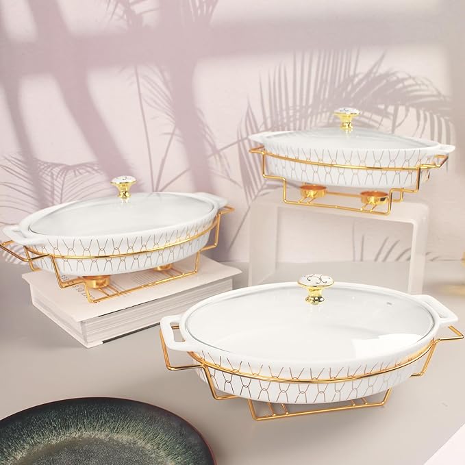 10" x 7" Ceramic Oval Casserole Dish with Glass Lid and Gold rack, 30 ounce Serving Soup