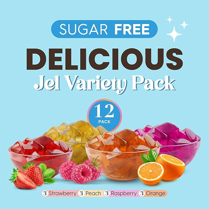 Simply Desserts Sugar-Free Jel Variety 12-Pack (Raspberry, Peach, Orange, Strawberry) - Vegan