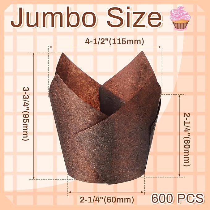 600 Pcs Jumbo Muffin Liners for Baking 2-1/4" x 4" Large Tulip Cupcake Liners Greaseproof Cupcake