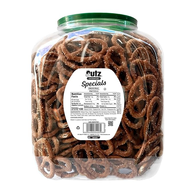 Utz Sourdough Specials Pretzels, Original, 63 oz. Barrel, Classic Pretzel Knot with Rich Sourdough