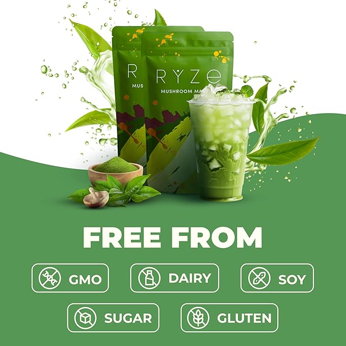 RYZE SUPERFOODS Mushroom Matcha Starter Kit, USDA Organic with 6 Adaptogenic Mushrooms and