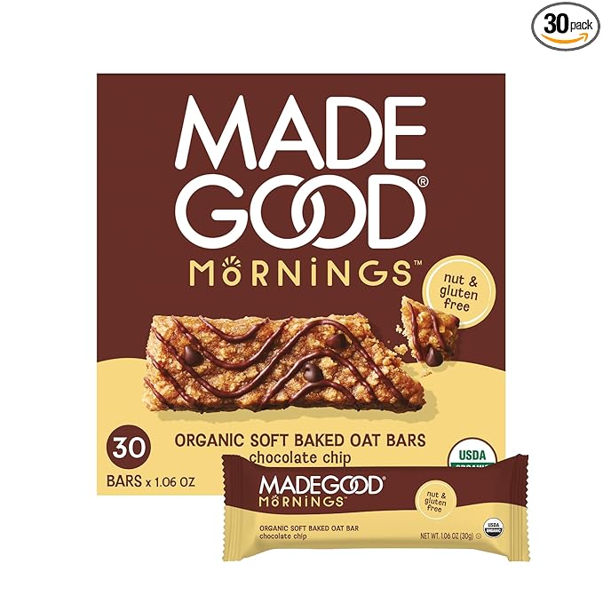 MadeGood Mornings Soft Baked Breakfast Bars, Chocolate Chip, 1.06 Oz (30 Count) Gluten Free Snacks