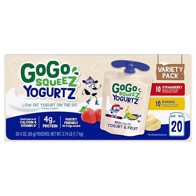 GoGo squeeZ yogurtZ Variety Pack, Strawberry & Banana, 3 oz (Pack of 20), Kids Snacks Made from