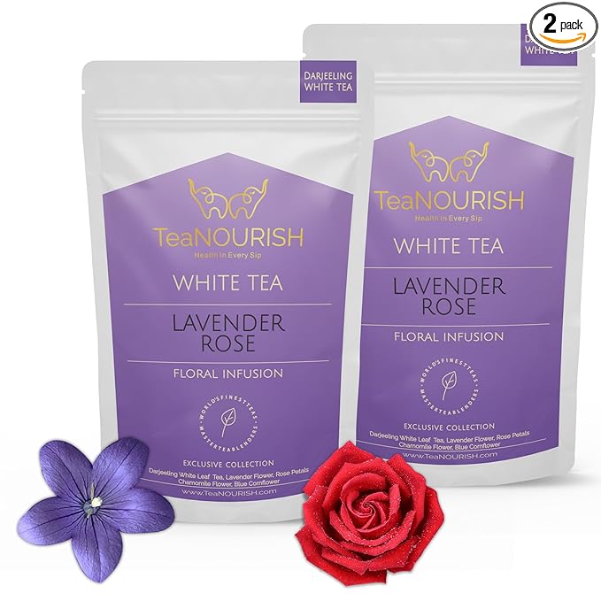 TeaNOURISH Lavender Rose White Tea | Darjeeling Silver Needles White Loose Leaf Tea Blended with