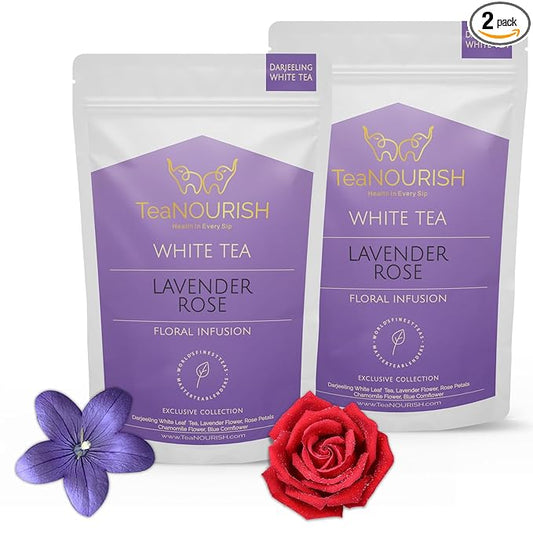 TeaNOURISH Lavender Rose White Tea | Darjeeling Silver Needles White Loose Leaf Tea Blended with