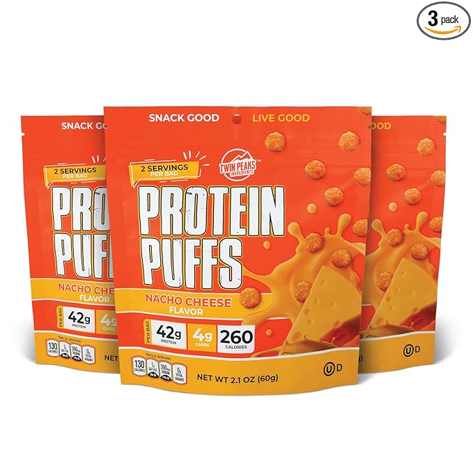 Twin Peaks Low Carb, Keto Friendly Protein Puffs, (Nacho Cheese), 2 Servings, 3 Pack (60g, 42g