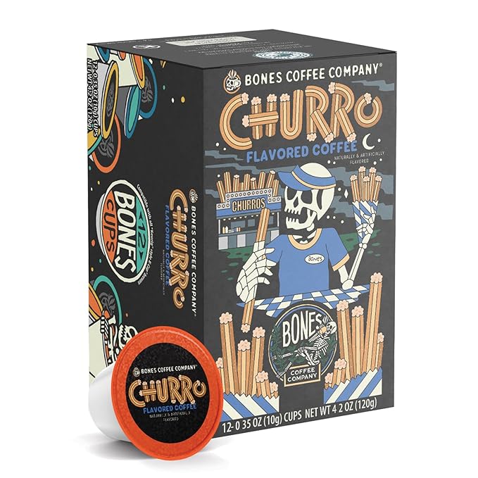 Bones Coffee Company Churro Flavored Coffee Pods, Low Acid Medium Roast Single-Serve Bones Cups
