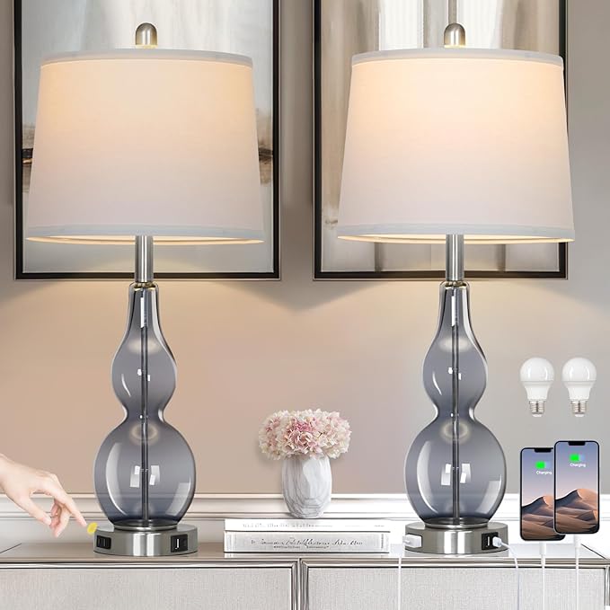 27.5" Gray Clear Glass Table Lamp Set of 2,3-Way Dimmable Touch Control Bedside Lamps with USB