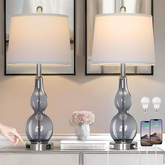 27.5" Gray Clear Glass Table Lamp Set of 2,3-Way Dimmable Touch Control Bedside Lamps with USB