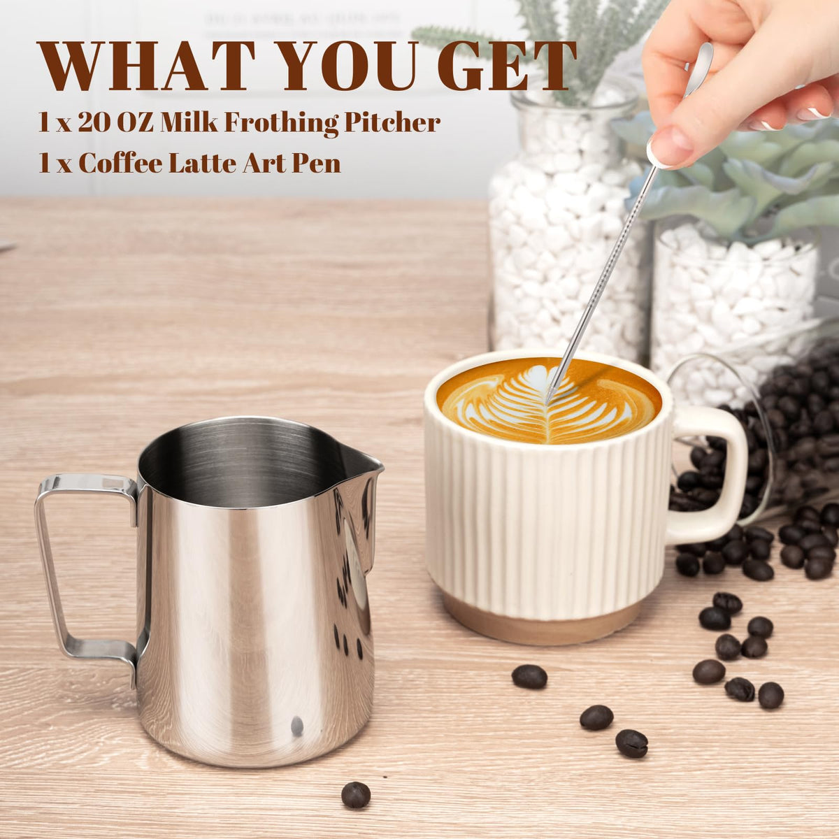 Amrules Milk Frothing Pitcher, 20oz Milk Frother Cup with Clear Scale, 304 Stainless Steel