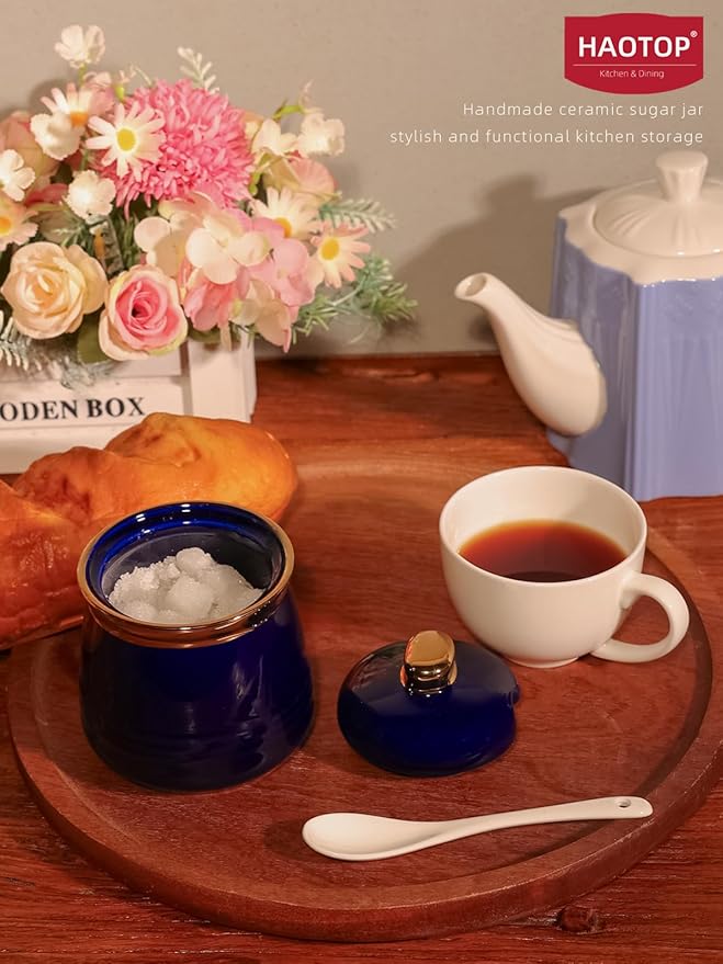 HAOTOP 12oz Sugar Bowl with Lid and Spoon,Simple Ceramic Sugar Jar Sugar Container Sugar Dispenser