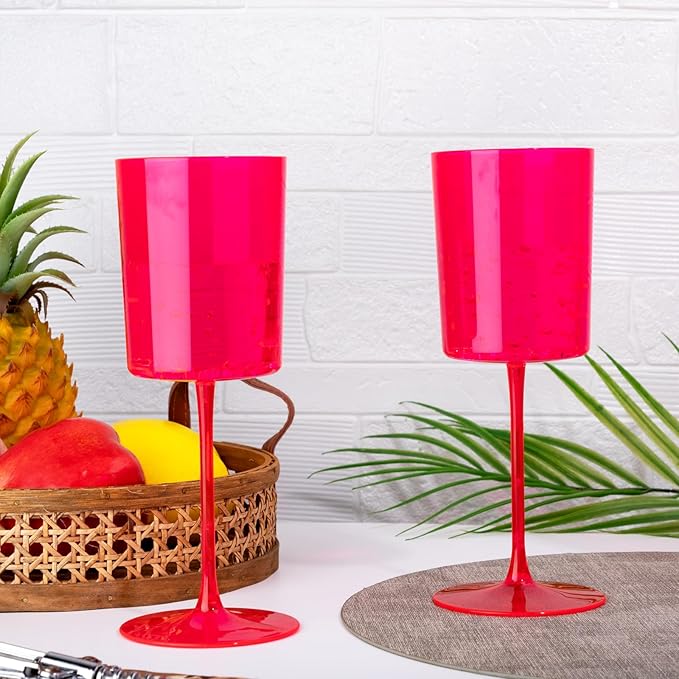 Ciaell 12 Pack Plastic Wine Glasses - 14Oz Hot Pink Plastic Wine Glasses With Stem - Disposable