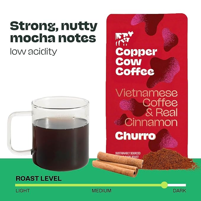 Copper Cow Premium Vietnamese Ground Coffee, 24 OZ | Churro Flavored Coffee | Dark Roast Made with