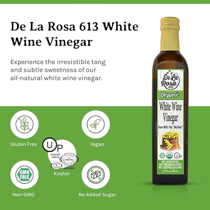 De La Rosa White Wine Vinegar, Raw with the “Mother”, Kosher for Passover, Vegan, Non-GMO & Gluten