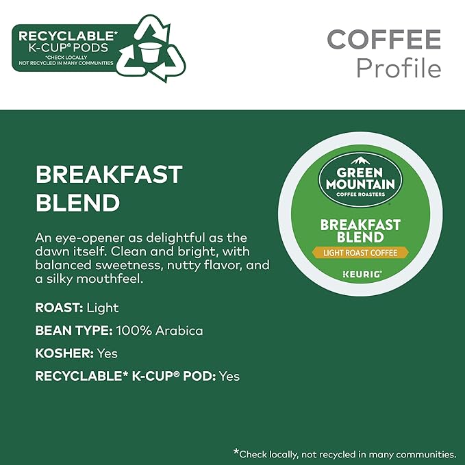 Green Mountain Coffee Roasters Breakfast Blend, Keurig Single Serve K-Cup Pods, Light Roast Coffee