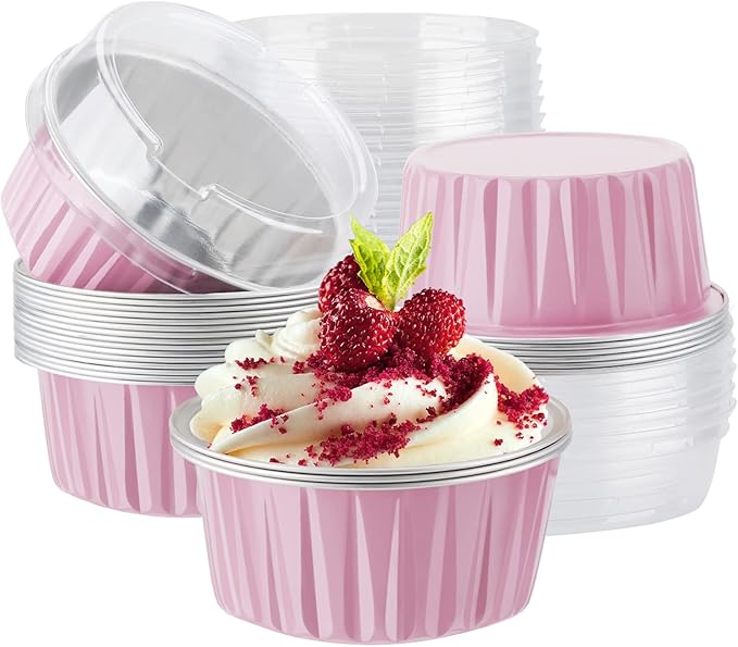 EUSOAR Baking Cups with Lids, Pink 25Packs 5oz Disposable Aluminum Foil Mini Muffin Liners, Dessert