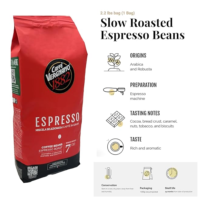 Caffe Vergnano 1882 Espresso Whole Bean Arabica Roast Coffee, 2.2 lb bag - Italian Medium Roast