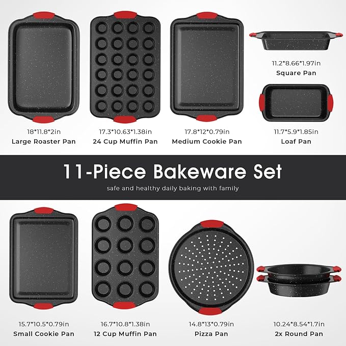 11-Piece Nonstick Stackable Baking Pans Set, Toxin-Free Bakeware Sets, Baking Pan Set with Silicone