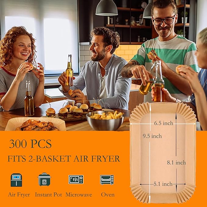 300 PCS Air Fryer Liners Disposable, 8.1 * 5.1 inch Air Fryer Paper Fit 2-Basket 8-10QT Ninja Dual