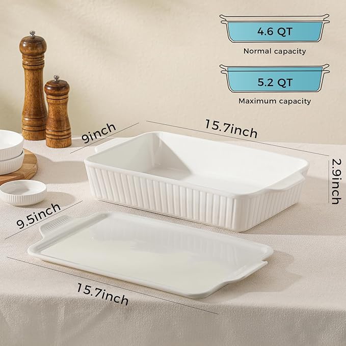 Dizada Large Casserole Dish with Lid, Deep 5.2-Qt (9"x13") 2-in-1 Ceramic Baking Dish with Ceramic