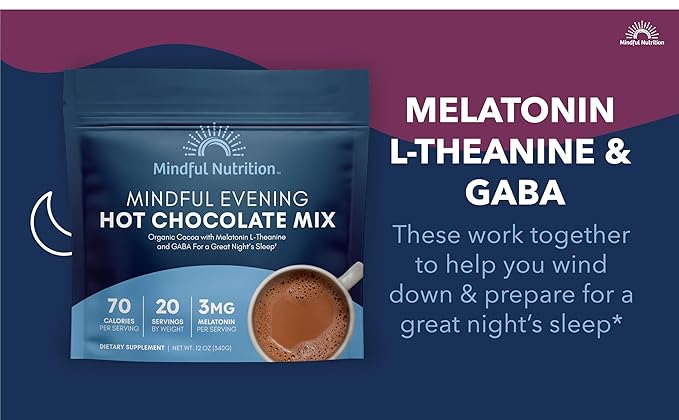 Mindful Evening Cocoa Mix Natural Sleep Aid, Melatonin 3mg, L-Theanine, GABA Supplements, Natural